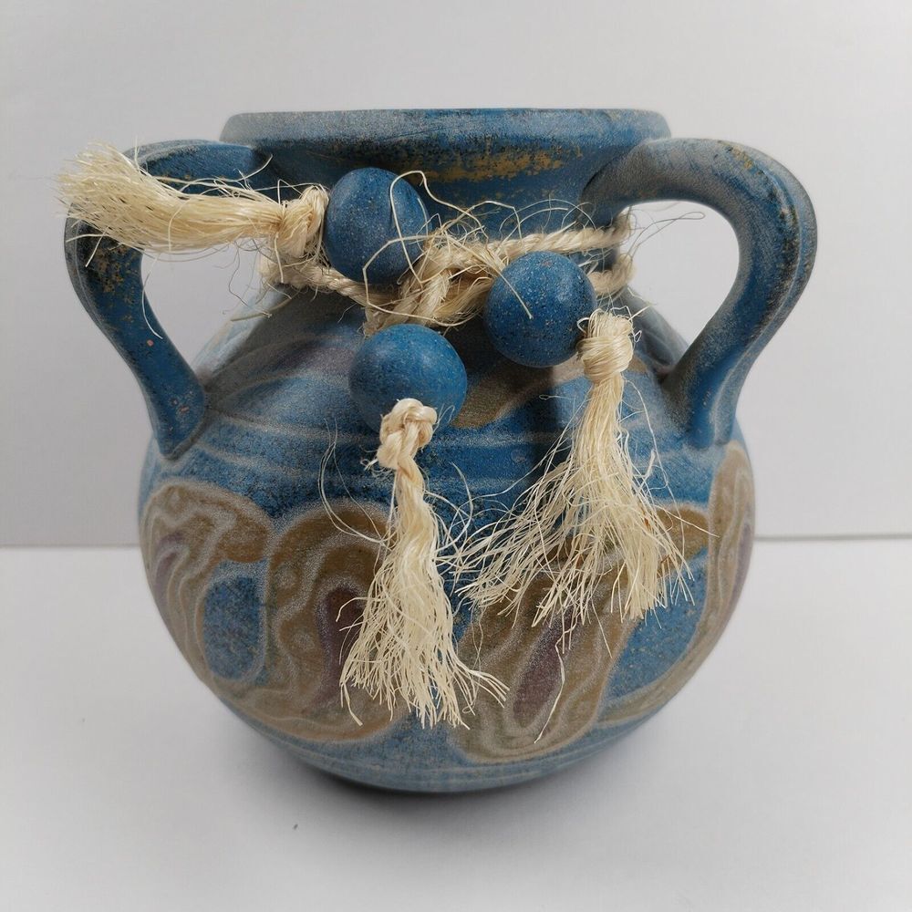 Southwestern Reflection Vase Native American Blue Pottery Embossed Rope Beads